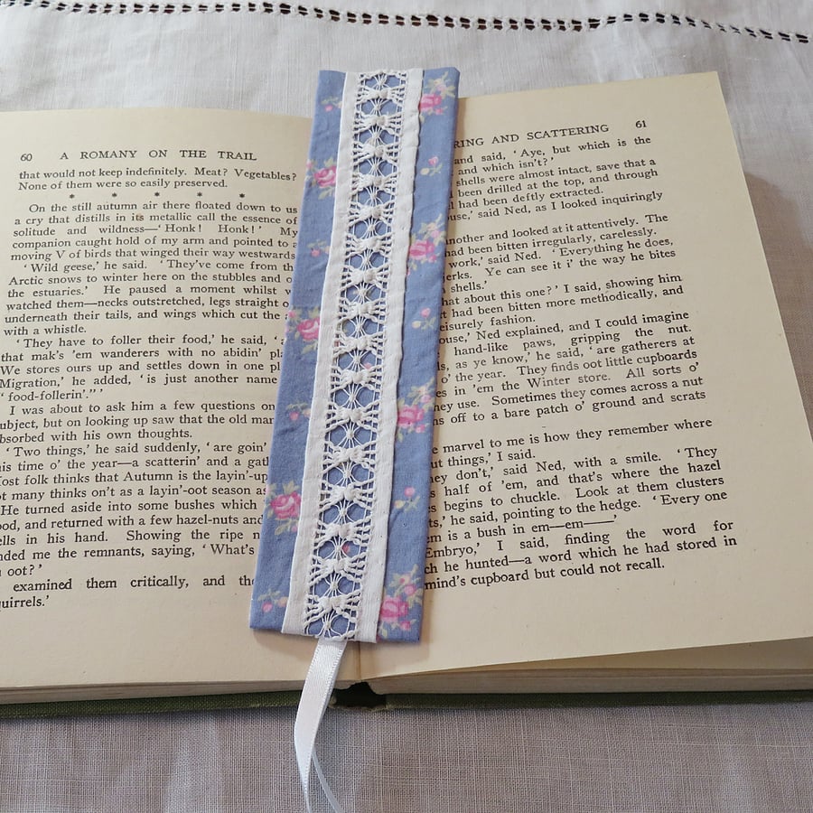 Bookmark - vintage drawn thread work blue and white