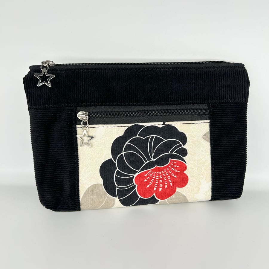 Floral and Corduroy zipper pouch. Black and Red bold flower print. 