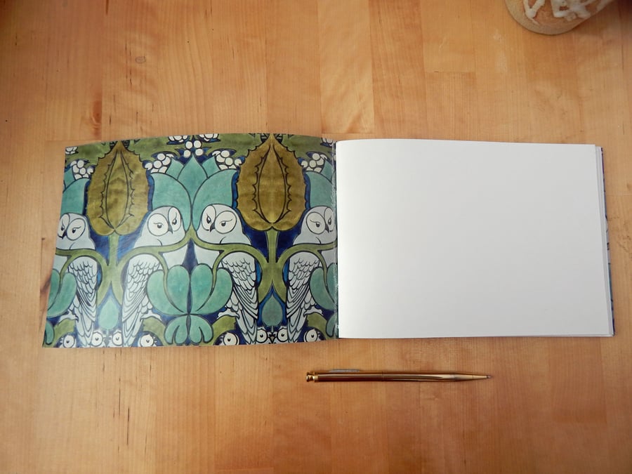 Voysey Owls Leather Sketchbook, Art Journal Guestbook, Aqua Blue; Seconds Sunday