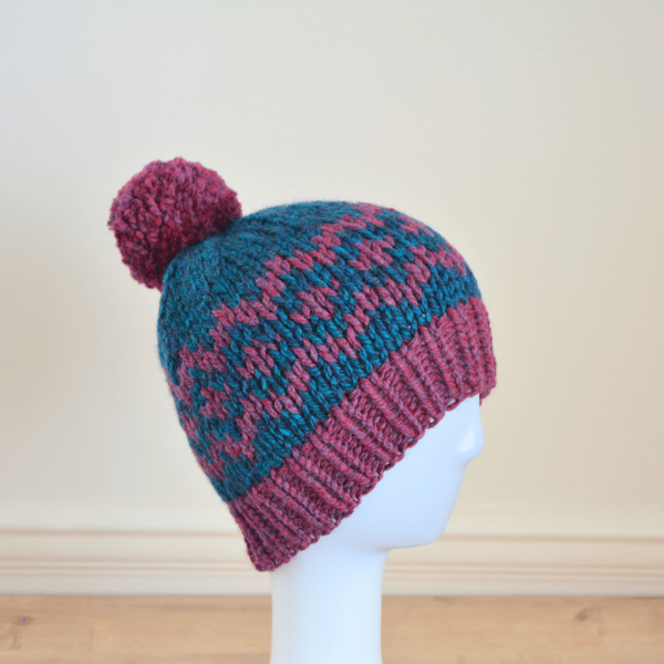 Knitted Bobble Hat Wool Acrylic Wool Mix Raspberry Teal