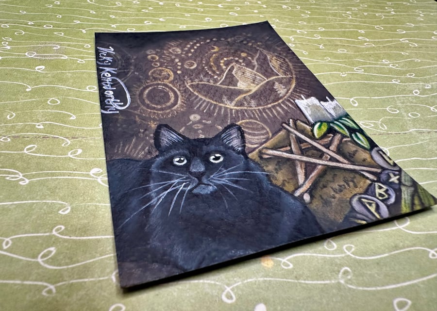 ACEO Original black cat 'Salem' By V Kenworthy