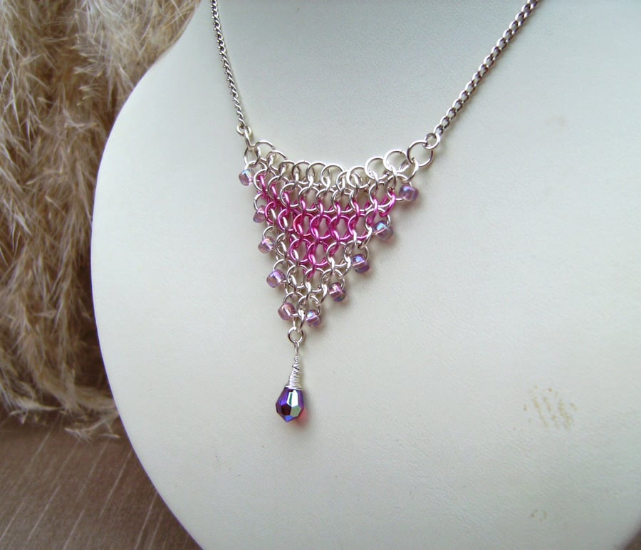 Pink Silver Chainmaille Droplet Necklace
