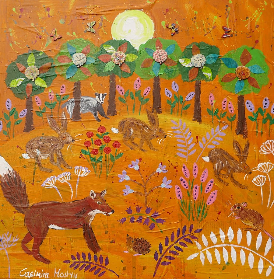 23" x 23" Fox and Hares among Flowers at Sunset, acrylic on canvas