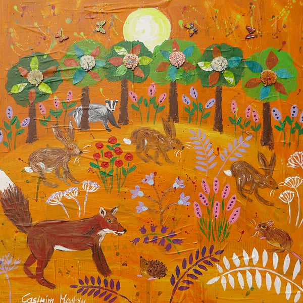 23" x 23" Fox and Hares among Flowers at Sunset, acrylic on canvas