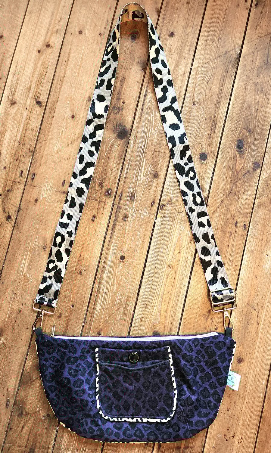BLACK AND PURPLE LEAOPARD JACQUARD BUM BAG WITH ADJUSTABLE STRAP