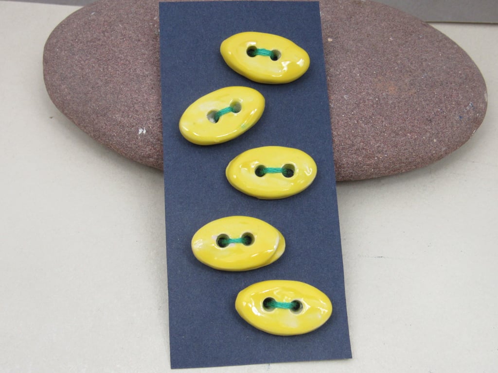 5 Small Oval Lemon Yellow Ceramic Buttons