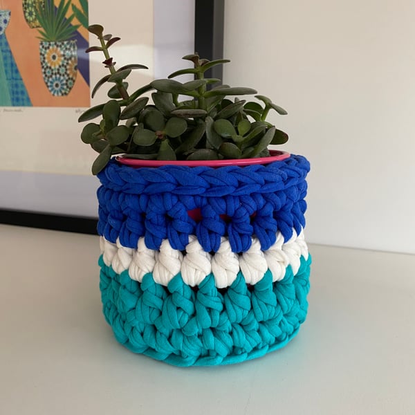 Crochet plant pot cover made with upcycled tshirt yarn - cobalt blue mini