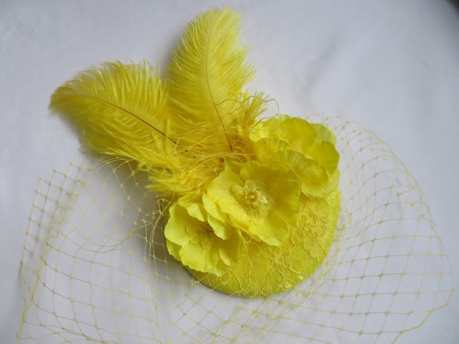 Bright Yellow Flower Blossom & Feather Retro Style Cocktail Hat Fascinator