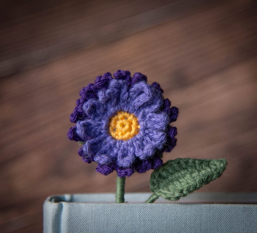 Purple Aster Crochet Bookmark - Midnight Purple