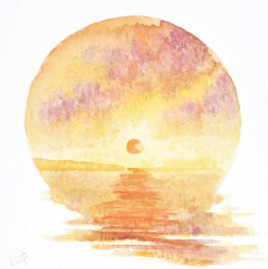 Sunset over the ocean an original watercolour vignette miniature painting coast