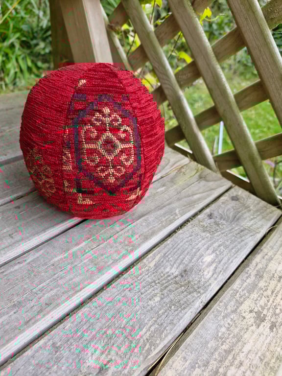 Medium, decorative, christmas, red and gold fabric bauble ball.
