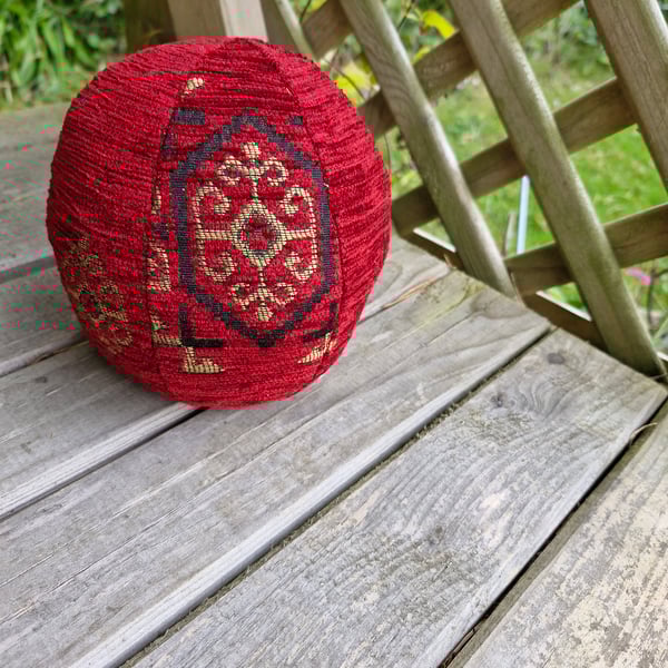 Medium, decorative, christmas, red and gold fabric bauble ball.
