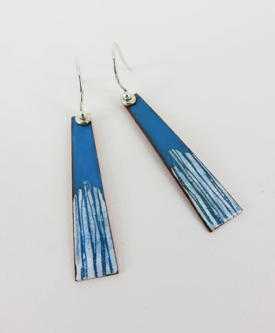 Turquoise Dangle Copper Enamel Earrings with White Drawn Detail