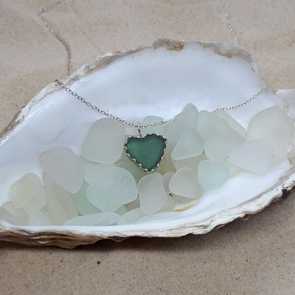 Sage green sea glass heart pendant - Seconds Sunday 