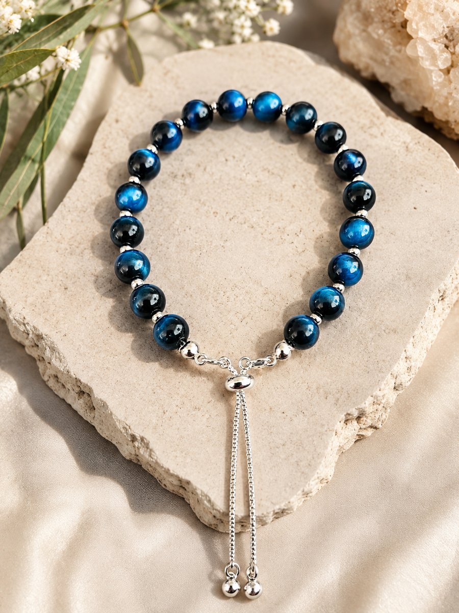 Blue Tiger's Eye Beaded Bracelet with adjustable sliding clasp 