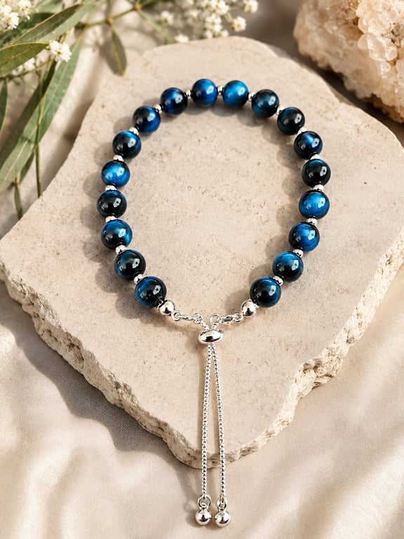 Blue Tiger's Eye Beaded Bracelet with adjustable sliding clasp 
