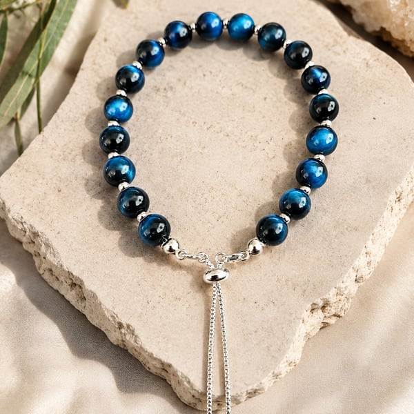 Blue Tiger's Eye Beaded Bracelet with adjustable sliding clasp 