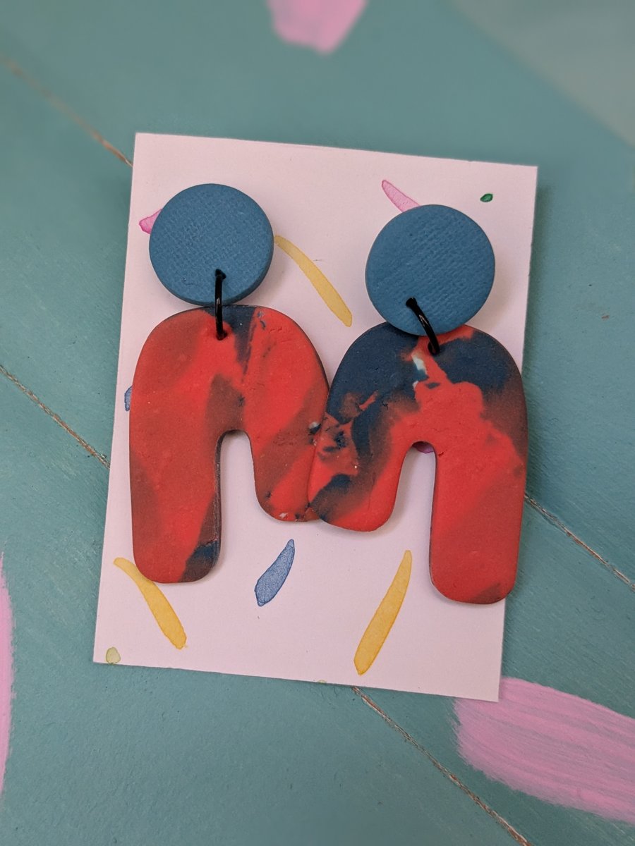 Unique earrings, dangly blue and orange lightweight earrings