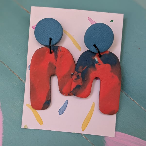 Unique earrings, dangly blue and orange lightweight earrings