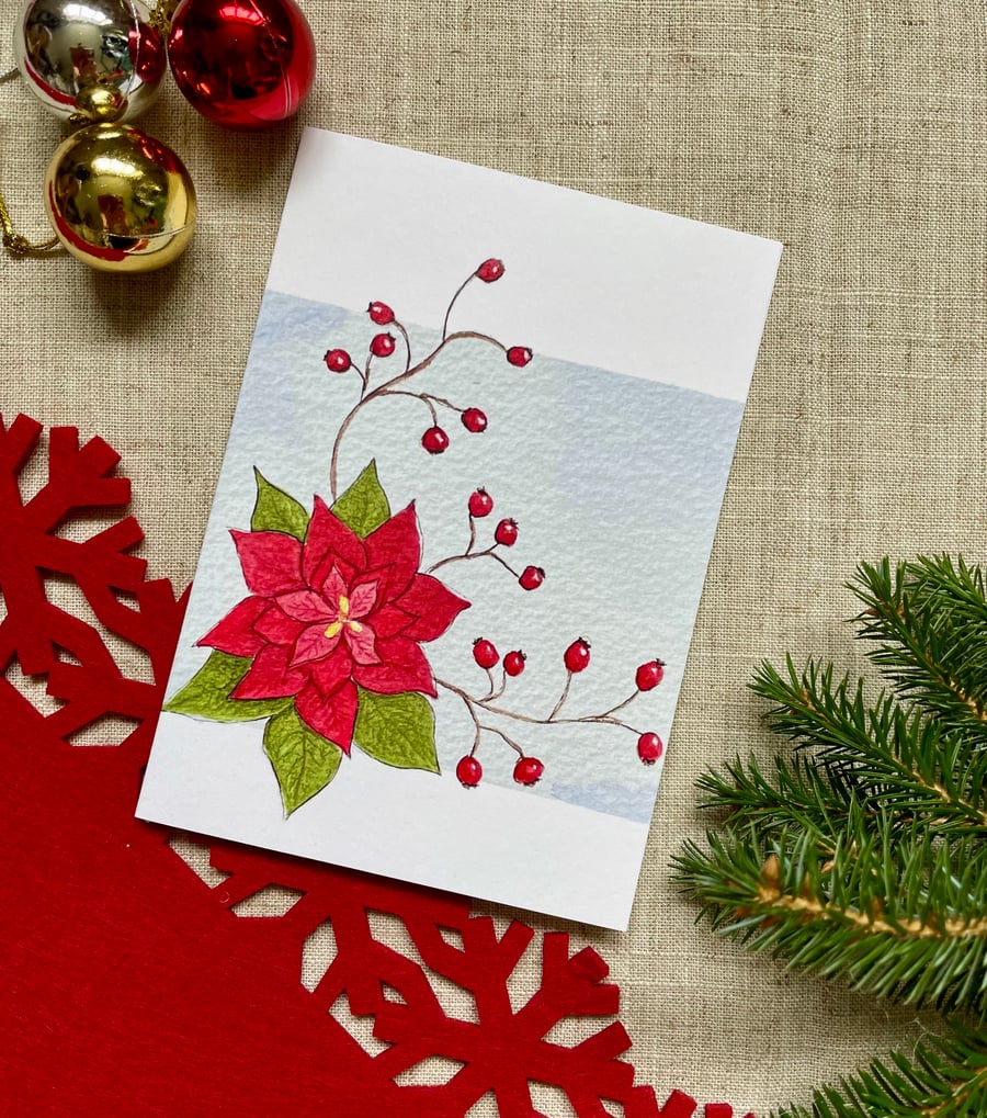 Card, Christmas card, Poinsettia and rosehips print.