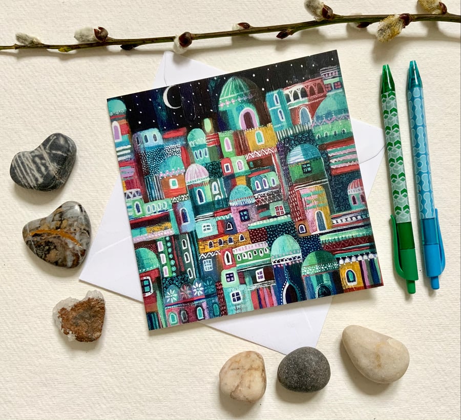 Patchwork City, blank greetings card