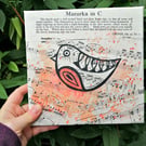 Original Mixed-Media Robin Bird Art Vintage Sheet Music Songbird Wall Art Canvas