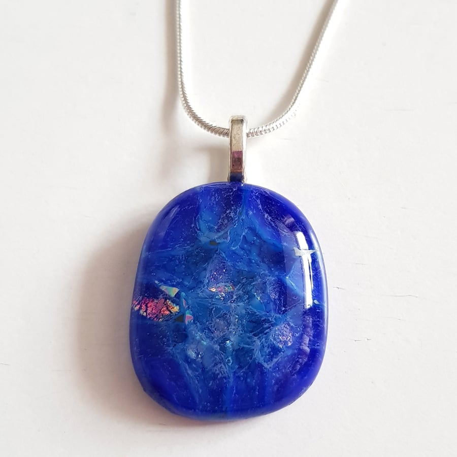 Blue Fused Glass Pendant - Iridescent Abstract Glass Necklace