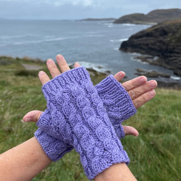 Hand knitted fingerless gloves, featuring cable knit pattern      MAUVE 