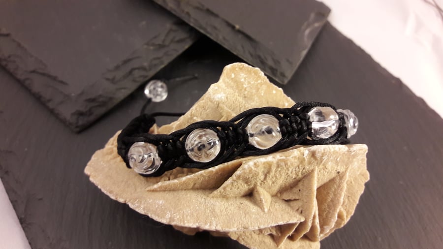 Carved Quartz Roses in Black Cord Macrame Adjustable Bracelet