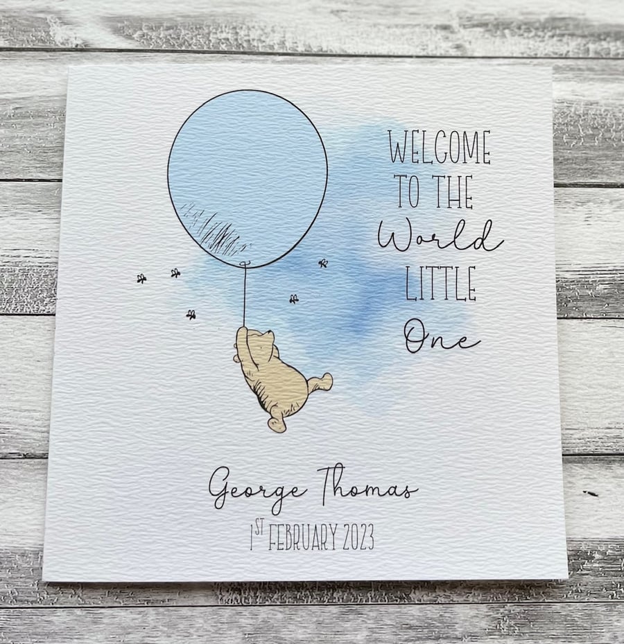 Winnie the Pooh Personalised New Baby Boy Card Welcome Little One