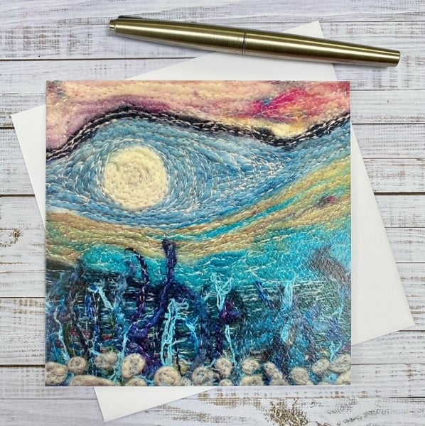 Embroidery print landscape art card, greetings card or any occasion card. 