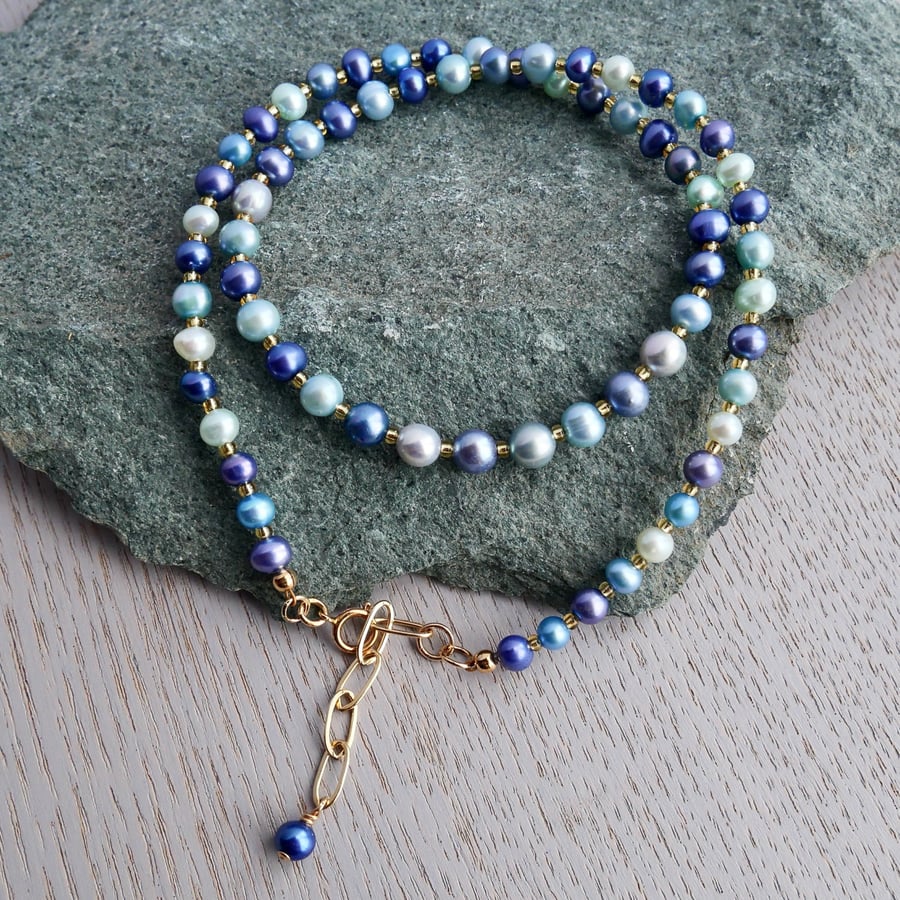 Mixed Blue Grey and Aqua Freshwater Pearls - adjustable 14k Gold Filled Clasp