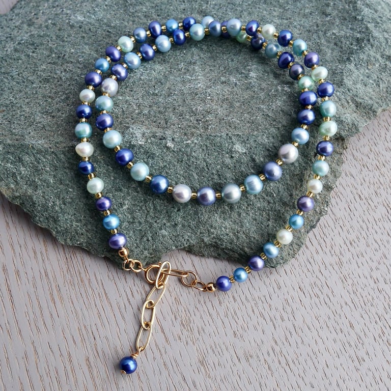 Mixed Blue Grey and Aqua Freshwater Pearls - adjustable 14k Gold Filled Clasp
