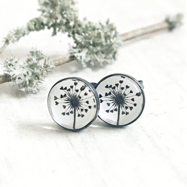 Oxidised Dark Sterling Silver Love Heart Dandelion Stud Earrings-Dandelion Studs