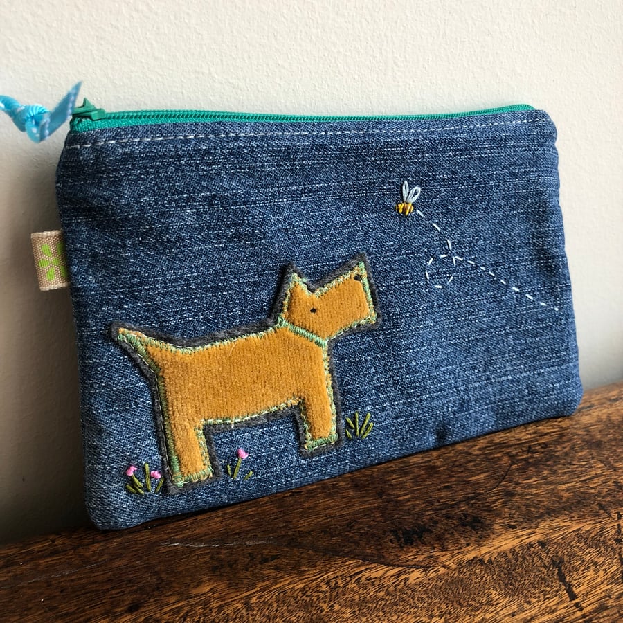 Appliqué dog and bee recycled denim purse