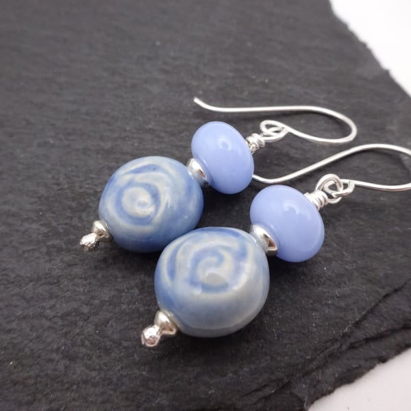 sterling silver earrings, blue lampwork glass and ceramic rose jewellery