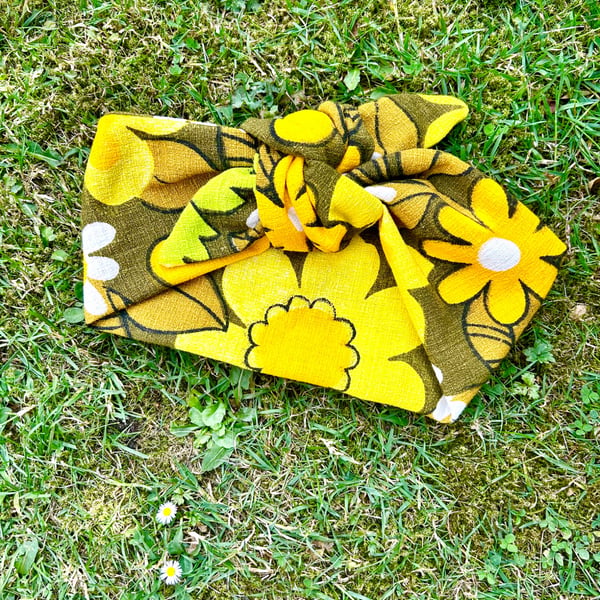 Retro headband - Self tie - Barkcloth fabric