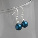 Simple Teal Pearl Dangle Earrings - Petrol Blue Drop Earrings with Silver Hooks