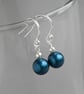 Simple Teal Pearl Dangle Earrings - Petrol Blue Drop Earrings with Silver Hooks