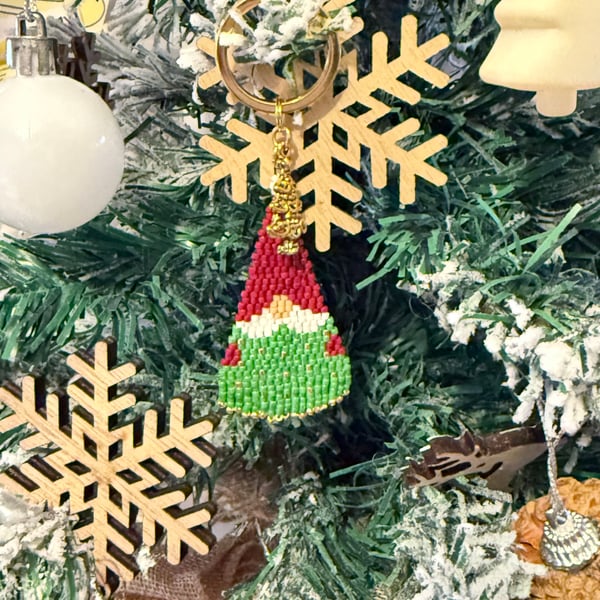Christmas tree gnome beadwork fringe keyring