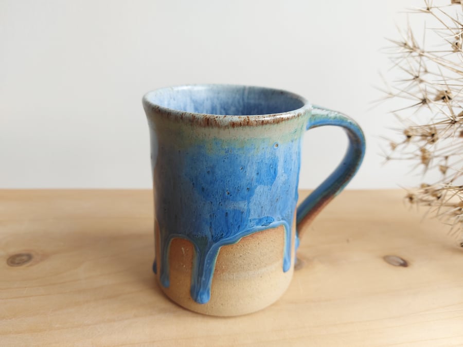 Handmade thrown stoneware pottery mug sea blue green
