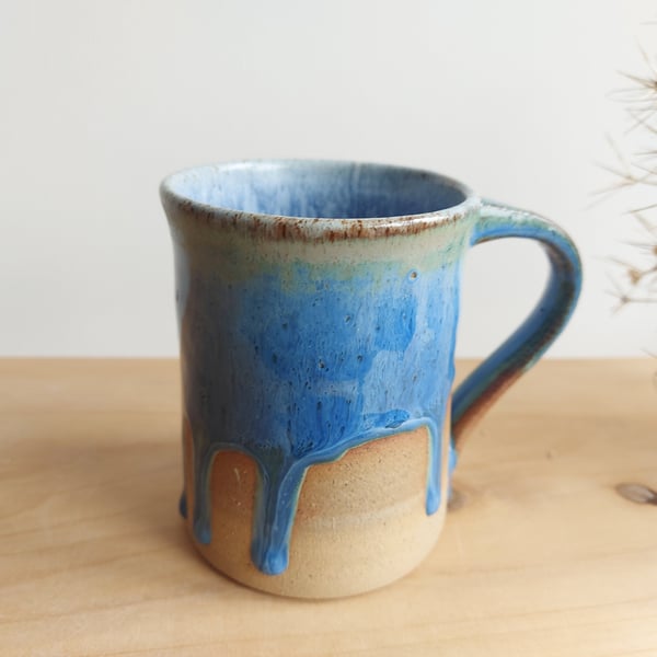 Handmade thrown stoneware pottery mug sea blue green