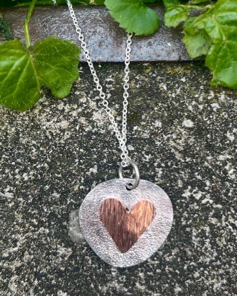 Handmade Sterling Silver 925 & Copper Heart Pendant Necklace - Unique Jewellery