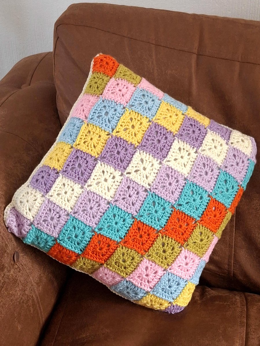Handmade crochet scatter cushion colourful