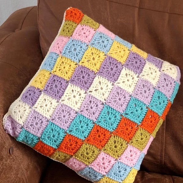 Handmade crochet scatter cushion colourful