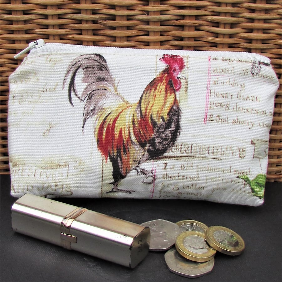 Large purse, coin purse in pale cream with cockerel