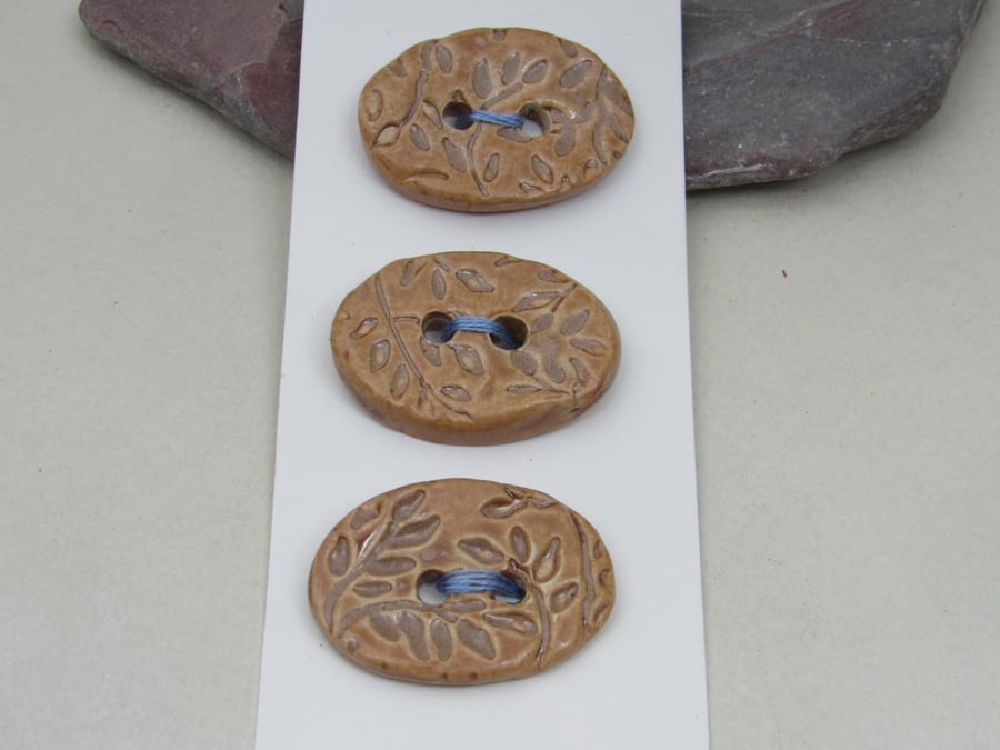 3 Medium Oval Light Sand Leaf Pattern Handmade Ceramic Buttons
