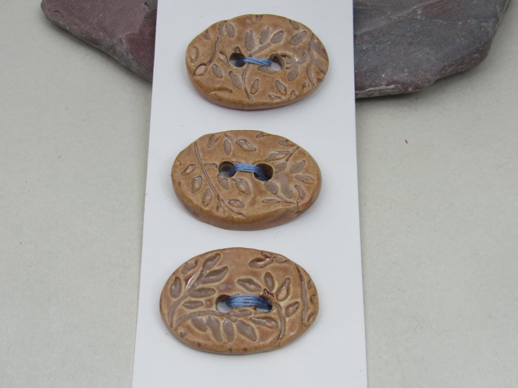 3 Medium Oval Light Sand Leaf Pattern Handmade Ceramic Buttons