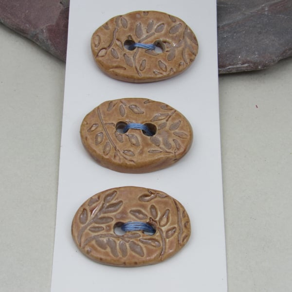 3 Medium Oval Light Sand Leaf Pattern Handmade Ceramic Buttons