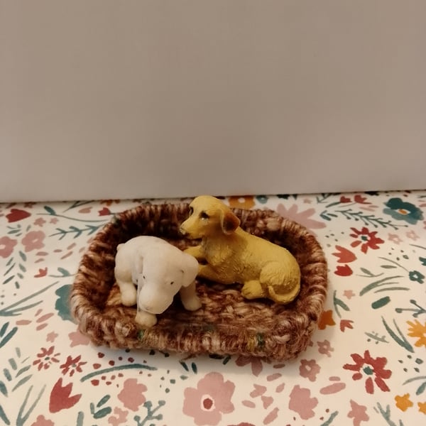 Handmade miniature dog bed 1:12 scale woven hand stitched wool basket